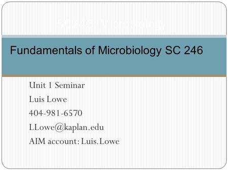 Unit 1 Seminar Luis Lowe 404-981-6570 AIM account: Luis.Lowe SC246: Microbiology Fundamentals of Microbiology SC 246.