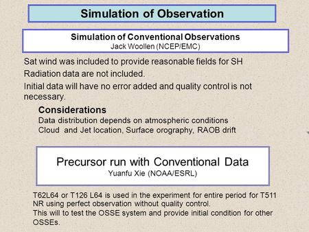 Simulation of Observation Simulation of Conventional Observations Jack Woollen (NCEP/EMC) Considerations Data distribution depends on atmospheric conditions.
