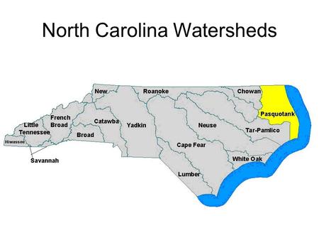 North Carolina Watersheds. 1. What is a watershed? An area of land drained by a river, stream or lake. It is also called a river basin.