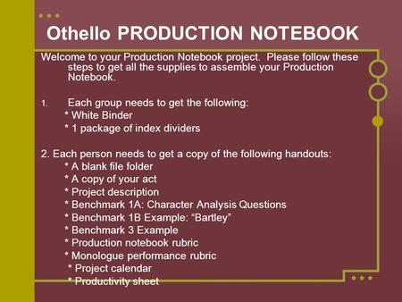 Othello PRODUCTION NOTEBOOK Welcome to your Production Notebook project. Please follow these steps to get all the supplies to assemble your Production.