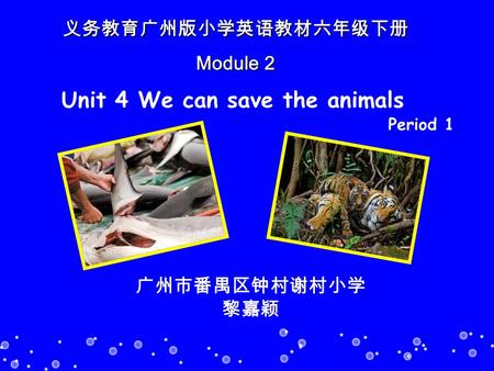 Period 1 义务教育广州版小学英语教材六年级下册 Module 2 广州市番禺区钟村谢村小学 黎嘉颖 Unit 4 We can save the animals.