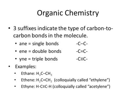 Organic Chemistry 3 suffixes indicate the type of carbon-to- carbon bonds in the molecule. ane = single bonds-C‒C- ene = double bonds-C=C- yne = triple.