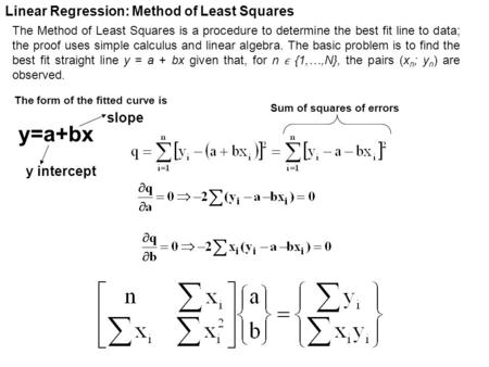 Y=a+bx Sum of squares of errors Linear Regression: Method of Least Squares The Method of Least Squares is a procedure to determine the best fit line to.