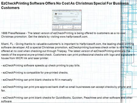 EzCheckPrinting Software Offers No Cost As Christmas Special For Business Customers 1888 PressRelease - The latest version of ezCheckPrinting is being.