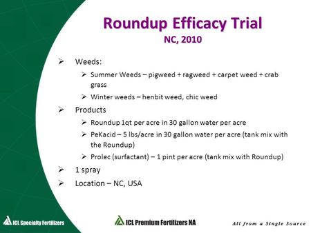 Roundup Efficacy Trial NC, 2010  Weeds:  Summer Weeds – pigweed + ragweed + carpet weed + crab grass  Winter weeds – henbit weed, chic weed  Products.