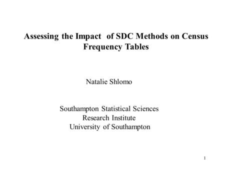 1 Assessing the Impact of SDC Methods on Census Frequency Tables Natalie Shlomo Southampton Statistical Sciences Research Institute University of Southampton.