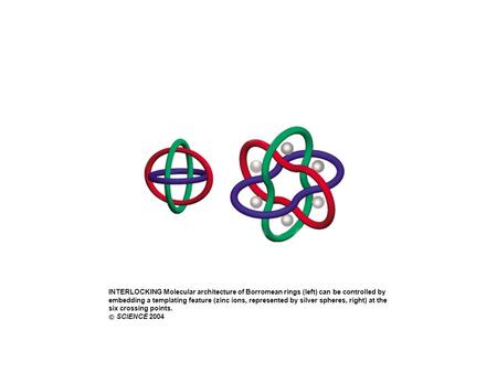 INTERLOCKING Molecular architecture of Borromean rings (left) can be controlled by embedding a templating feature (zinc ions, represented by silver spheres,