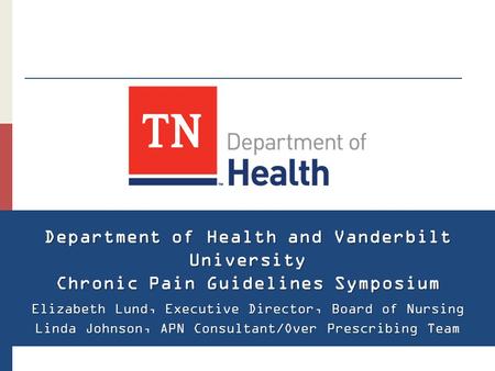 Department of Health and Vanderbilt University Chronic Pain Guidelines Symposium Elizabeth Lund, Executive Director, Board of Nursing Linda Johnson, APN.