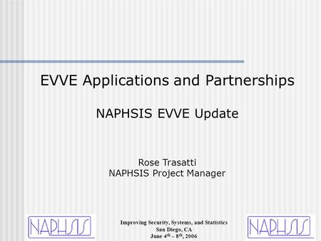 Improving Security, Systems, and Statistics San Diego, CA June 4 th – 8 th, 2006 EVVE Applications and Partnerships NAPHSIS EVVE Update Rose Trasatti NAPHSIS.