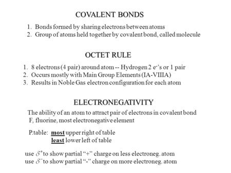 COVALENT BONDS OCTET RULE ELECTRONEGATIVITY