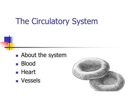 The Circulatory System About the system Blood Heart Vessels.