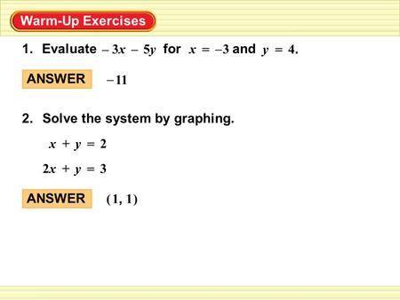 Warm-Up Exercises Evaluate for and1. 4.4. y = 3x3x–5y5y – 3x = – Solve the system by graphing.2. 2x+y = 32x2x+y = ANSWER 11 – ANSWER () 1, 1.