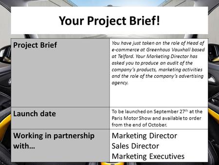 Your Project Brief! Project Brief You have just taken on the role of Head of e-commerce at Greenhous Vauxhall based at Telford. Your Marketing Director.