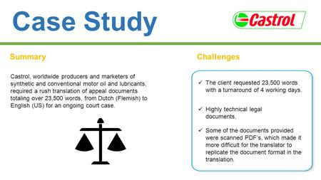 Case Study SummaryChallenges Castrol, worldwide producers and marketers of synthetic and conventional motor oil and lubricants, required a rush translation.