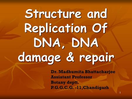1 Structure and Replication Of DNA, DNA damage & repair Dr. Madhumita Bhattacharjee Assiatant Professor Botany deptt. P.G.G.C.G. -11,Chandigarh.
