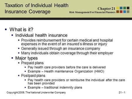 21 - 1Copyright 2008, The National Underwriter Company Taxation of Individual Health Insurance Coverage  What is it?  Individual health insurance  Provides.