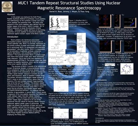 MUC1 Tandem Repeat Structural Studies Using Nuclear Magnetic Resonance Spectroscopy Daniel H. Rose, Jeremy J. Weyer, & Thao Yang Abstract In this project.