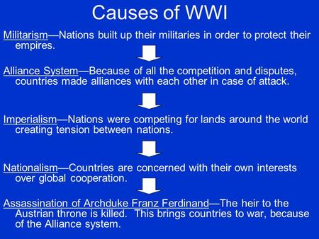 Causes of WWI Militarism—Nations built up their militaries in order to protect their empires. Alliance System—Because of all the competition and disputes,