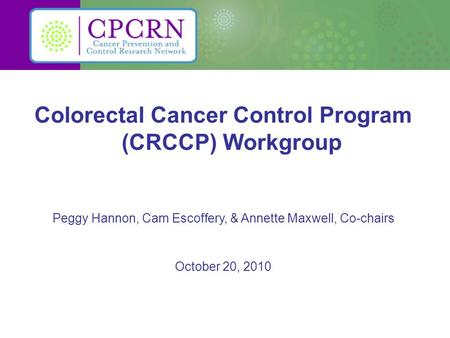 Colorectal Cancer Control Program (CRCCP) Workgroup Peggy Hannon, Cam Escoffery, & Annette Maxwell, Co-chairs October 20, 2010.