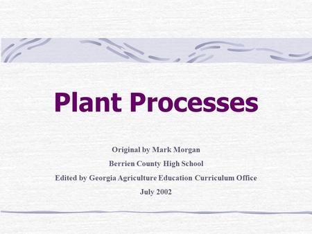 Plant Processes Original by Mark Morgan Berrien County High School Edited by Georgia Agriculture Education Curriculum Office July 2002.