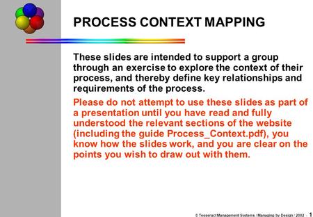 © Tesseract Management Systems / Managing by Design / 2002 - 1 PROCESS CONTEXT MAPPING These slides are intended to support a group through an exercise.