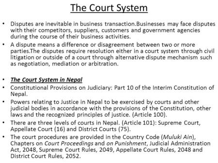 The Court System Disputes are inevitable in business transaction.Businesses may face disputes with their competitors, suppliers, customers and government.