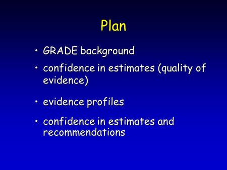 Plan GRADE backgroundGRADE background confidence in estimates (quality of evidence)confidence in estimates (quality of evidence) evidence profilesevidence.