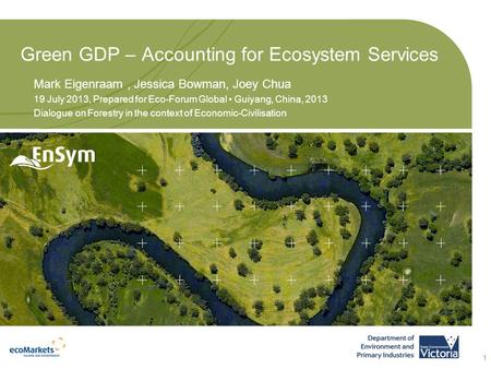 Green GDP – Accounting for Ecosystem Services Mark Eigenraam, Jessica Bowman, Joey Chua 19 July 2013, Prepared for Eco-Forum Global Guiyang, China, 2013.
