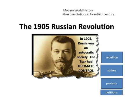 The 1905 Russian Revolution Modern World History Great revolutions in twentieth century rebellion strikes protests petitions.