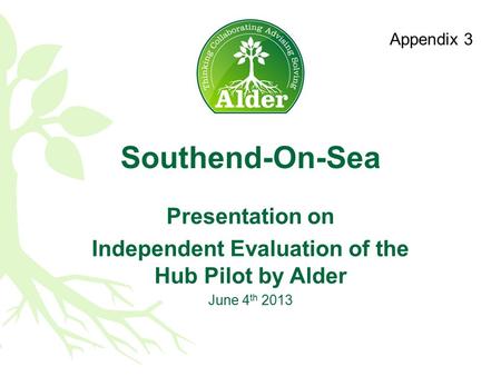 Southend-On-Sea Presentation on Independent Evaluation of the Hub Pilot by Alder June 4 th 2013 Appendix 1 Appendix 3.