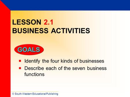 © South-Western Educational Publishing GOALS LESSON 2.1 BUSINESS ACTIVITIES  Identify the four kinds of businesses  Describe each of the seven business.