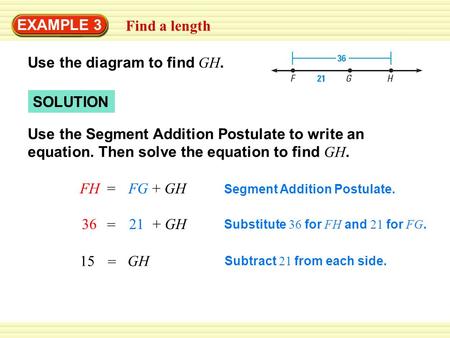 EXAMPLE 3 Find a length Use the diagram to find GH. Use the Segment Addition Postulate to write an equation. Then solve the equation to find GH. SOLUTION.