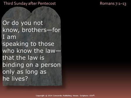 Third Sunday after Pentecost Romans 7:1–13 Or do you not know, brothers—for I am speaking to those who know the law— that the law is binding on a person.
