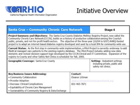 Initiative Overview Santa Cruz – Community Chronic Care Network Stage 4 Project Summary and Objectives: The Santa Cruz County Diabetes Mellitus Registry.