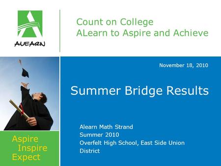 Count on College ALearn to Aspire and Achieve Aspire Inspire Expect November 18, 2010 Summer Bridge Results Alearn Math Strand Summer 2010 Overfelt High.