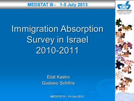 MEDSTAT III - 1-5 July 2013 Immigration Absorption Survey in Israel 2010-2011 Eilat Kastro Gustavo Schifris MEDSTAT III - 1-5 July 2013 MEDSTAT III - 1-5.