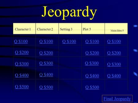 Jeopardy Character 1Character 2Setting 3Plot 5 Main Idea 5 Q $100 Q $200 Q $300 Q $400 Q $500 Q $100 Q $200 Q $300 Q $400 Q $500 Final Jeopardy.