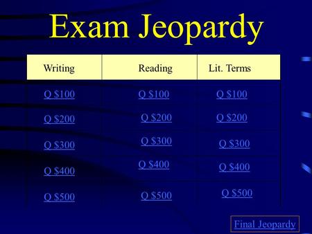 Exam Jeopardy Writing ReadingLit. Terms Q $100 Q $200 Q $300 Q $400 Q $500 Q $100 Q $200 Q $300 Q $400 Q $500 Final Jeopardy.
