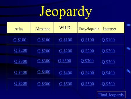 Jeopardy AtlasAlmanac WILD Encyclopedia Internet Q $100 Q $200 Q $300 Q $400 Q $500 Q $100 Q $200 Q $300 Q $400 Q $500 Final Jeopardy.