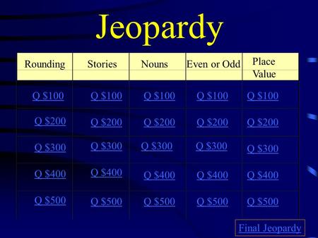 Jeopardy RoundingStoriesNounsEven or Odd Place Value Q $100 Q $200 Q $300 Q $400 Q $500 Q $100 Q $200 Q $300 Q $400 Q $500 Final Jeopardy.