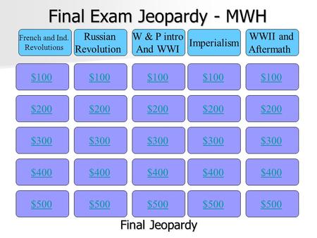 Final Exam Jeopardy - MWH $100 French and Ind. Revolutions Russian Revolution W & P intro And WWI Imperialism WWII and Aftermath $200$300$400$500 $400$300$200$100$500$400$300$200$100$500$400$300$200$100$500$400$300$200$100.