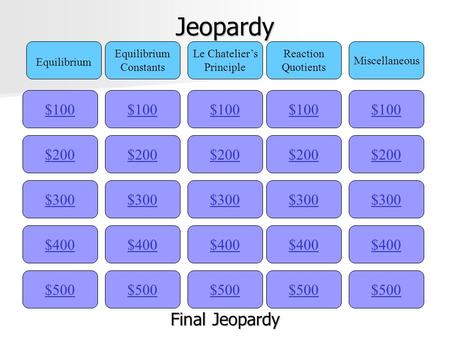 Jeopardy $100 Equilibrium Constants Le Chatelier’s Principle Reaction Quotients Miscellaneous $200 $300 $400 $500 $400 $300 $200 $100 $500 $400 $300 $200.