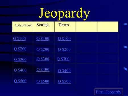 Jeopardy Author/Book Setting Q $100 Q $200 Q $300 Q $400 Q $500 Q $100 Q $200 Q $300 Q $400 Q $500 Final Jeopardy Terms.