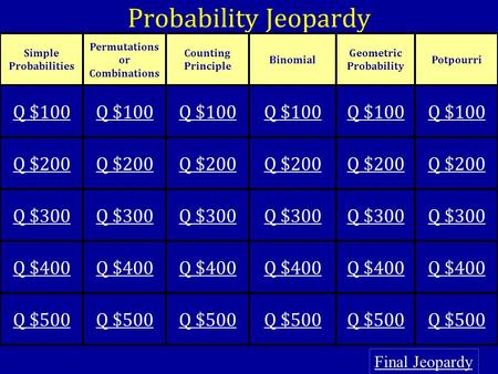 Probability Jeopardy Final Jeopardy Simple Probabilities Permutations or Combinations Counting Principle Binomial Geometric Probability Potpourri Q $100.