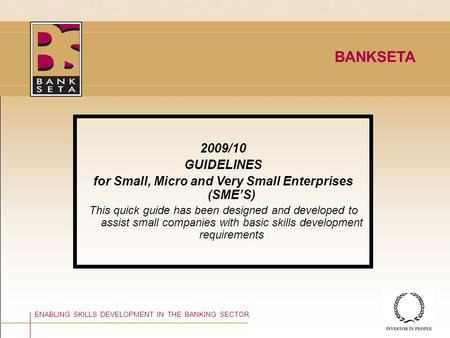 ©BANKSETA 2008 ENABLING SKILLS DEVELOPMENT IN THE BANKING SECTOR BANKSETA 2009/10 GUIDELINES for Small, Micro and Very Small Enterprises (SME’S) This.