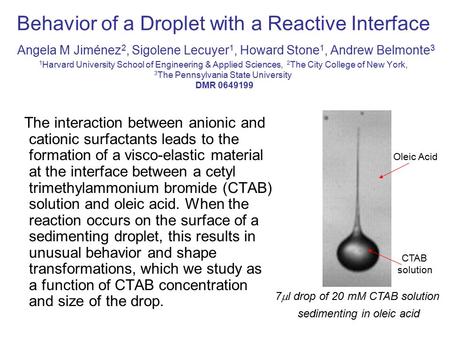 Behavior of a Droplet with a Reactive Interface Angela M Jiménez 2, Sigolene Lecuyer 1, Howard Stone 1, Andrew Belmonte 3 1 Harvard University School of.