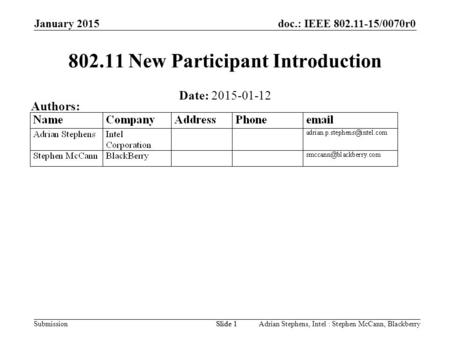 Doc.: IEEE 802.11-15/0070r0 Submission January 2015 Adrian Stephens, Intel : Stephen McCann, BlackberrySlide 1 802.11 New Participant Introduction Date: