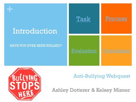 + Anti-Bullying Webquest Ashley Dotterer & Kelsey Misner Introduction Task Process EvaluationConclusion HAVE YOU EVER BEEN BULLIED?
