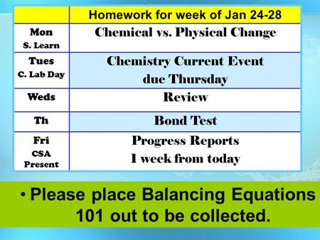 Homework for week of Jan 24-28 Mon S. Learn Chemical vs. Physical Change Tues C. Lab Day Chemistry Current Event due Thursday Weds Review Th Bond Test.