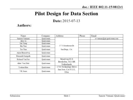 Doc.: IEEE 802.11-15/0812r1 Submission Pilot Design for Data Section Slide 1 Date: 2015-07-13 Authors: Sameer Vermani (Qualcomm) NameCompanyAddressPhoneEmail.